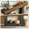 A collage showing two close-up views of a console table, highlighting its rustic brown tabletop and U-shaped vintage gray base. Anteprima dell’immagine prodotto