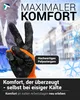 A hand wearing a glove is shown in the foreground against a blurred winter city background with snowflakes. Text overlays highlight product features. Produktbild-Vorschau