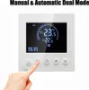 A white thermostat with a digital display showing temperature and time, with a hand pressing a button. Podgląd zdjęcia produktu