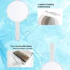 A white hand mirror is shown against a blue, watery background, with diagrams illustrating its construction and material. Produktbild-Vorschau