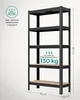A black metal shelving unit with wooden shelves, shown against a light gray background, with dimensions and weight capacity indicated. Produktbild-Vorschau
