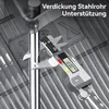 A digital caliper measuring the thickness of a metal rod, with text overlay indicating product features. Produktbild-Vorschau