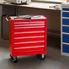 A red tool cart with multiple drawers is shown in a workshop or garage setting. Náhled obrázku produktu