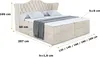 A cream-colored upholstered bed with a tufted headboard and gray bedding, featuring measurement callouts. Produktbild-Vorschau