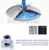Diagram showing how a high-pressure shower head works, with water flowing through it and spraying out. There are also smaller images showing the water spray patterns. Produktbild-Vorschau