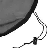 A close-up of a black mesh cover with a drawstring and a cord lock. Produktbild-Vorschau