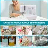 A collage of images showcasing a sewing machine and various items that can be made with it, such as storage baskets, dolls, table cloths, pen holders, fabric flowers, and bed sheets. Produktbild-Vorschau