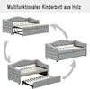 A collage showing a multifunctional wooden children's bed in different configurations. Produktbild-Vorschau