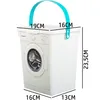 A white storage box with a blue handle, shown with a washing machine inside to indicate scale. Dimensions are marked on the box. Produktbild-Vorschau