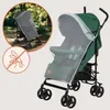 A green stroller with a mosquito net, shown in a collage with a smaller inset image of a stroller in a park and a mosquito icon with a line through it. Produktbild-Vorschau