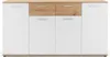A modern sideboard with white doors and drawers, and a wood-effect top and drawer fronts. Produktbild-Vorschau