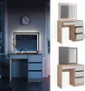 A collage of images showing a vanity table with an LED mirror, with different angles and a lifestyle shot of the vanity in a room. Náhled obrázku produktu