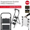 A collage of images showcasing Hailo step ladders, including a close-up of a two-step ladder, a three-step ladder in use, and a folded ladder being held. Podgląd zdjęcia produktu