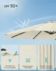 A close-up view of a cream-colored umbrella canopy with three smaller inset images highlighting features. Produktbild-Vorschau