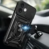 A black iPhone case with a magnetic ring stand and camera cover is shown attached to a magnetic car mount inside a car. Produktbild-Vorschau