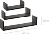 Three black U-shaped shelves of varying sizes are arranged diagonally on a white background, with measurement indicators for height and width. Náhled obrázku produktu