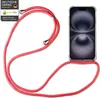 A red lanyard attached to a clear phone case containing a smartphone. Produktbild-Vorschau
