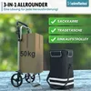 A shopping trolley with a box on it and a separate shopping bag next to it, with text overlays highlighting its features. Produktbild-Vorschau