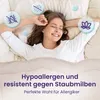 A woman is sleeping comfortably in bed, with icons indicating hypoallergenic and dust mite resistance. Produktbild-Vorschau