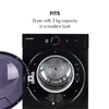 A front view of a black dryer with its door open, showing the drum. Text overlays describe its features. Náhľad obrázku produktu