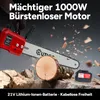 A red chainsaw cutting a log, with wood chips flying. Produktbild-Vorschau