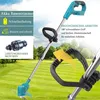 A cordless grass trimmer is shown in a grassy outdoor setting, with text overlays highlighting its features. Produktbild-Vorschau