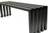 A black metal bench with a slatted seat and vertical supports, shown against a white background. Produktbild-Vorschau