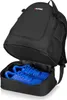A black backpack with its shoe compartment open, revealing a pair of blue athletic shoes. Produktbild-Vorschau