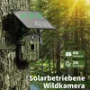 A camouflage trail camera with a solar panel attached to a tree in a forest setting. Produktbild-Vorschau