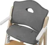 A close-up view of a grey cushion attached to a wooden high chair. Produktbild-Vorschau