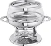 A shiny, metallic and glass chafing dish with a stand and burner. Produktbild-Vorschau