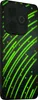 A close-up view of the back of a smartphone with a black case featuring a neon green abstract design. Náhled obrázku produktu