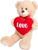 A plush teddy bear holding a red heart with the word 'LOVE' on it. Produktbild-Vorschau