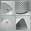 A collage of four close-up images showing details of a light gray metal laundry basket. Produktbild-Vorschau