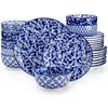 A set of blue and white patterned ceramic plates and bowls are stacked and arranged on a white background. Produktbild-Vorschau
