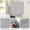 A person is holding a large gray laundry basket with two compartments. The image is divided into three sections, showing the basket being held, a close-up of the fabric, a close-up of the velcro closure, and a close-up of a side handle. Produktbild-Vorschau
