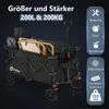A black folding wagon filled with camping gear, presented against a dark background with overlaid text and icons. Produktbild-Vorschau