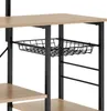 A close-up view of a kitchen shelf unit, showing the wooden shelves and black metal frame, including a wire basket. Náhled obrázku produktu