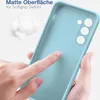 A hand is touching a light blue phone case, highlighting its matte surface and soft grip. Produktbild-Vorschau