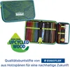 A pencil case filled with colored pencils, rulers, and other stationery items, along with a separate pencil case. A green arrow graphic with text is also present. Produktbild-Vorschau