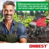 A man in overalls smiles at the camera, with a garden tiller in the background working the soil. Produktbild-Vorschau