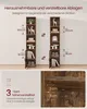 Two tall, narrow bookshelves are shown side-by-side, with measurements and feature callouts. A close-up of a shelf with adjustment holes is also shown. Produktbild-Vorschau