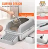 A person is cleaning a cat litter box with a scoop. The image is a collage of product features and benefits. Náhľad obrázku produktu