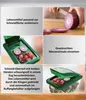 A collage of images demonstrating how to use a vegetable chopper, including close-ups of the product and text instructions. Voir les images du produit