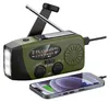 A green emergency radio with a solar panel and LED flashlight is shown, with a smartphone connected to it for charging. Produktbild-Vorschau