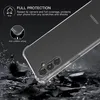 A clear phone case is shown on a dark, rocky surface with water splashes, illustrating its protective features. Produktbild-Vorschau