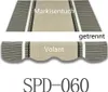 A split image showing two parts of an awning fabric, with text labels and a product code. Produktbild-Vorschau