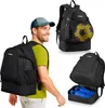 A man wearing a backpack, with other views of the backpack showing its features. Produktbild-Vorschau