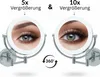 Two makeup mirrors are shown, one with 5x magnification and the other with 10x magnification, demonstrating their use for close-up makeup application. A 360-degree rotation icon is also present. Produktbild-Vorschau