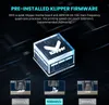 A 3D rendering of a Klipper motherboard with text and smaller images illustrating printing speeds. Produktbild-Vorschau